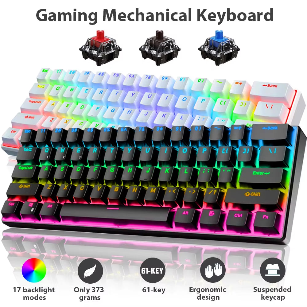 61 Keys Mechanical Keyboard Wired USB Mechanical Keyboard 17 Types RGB Keyboard for Computer Laptop Red Blue Tea Axis Keyboard