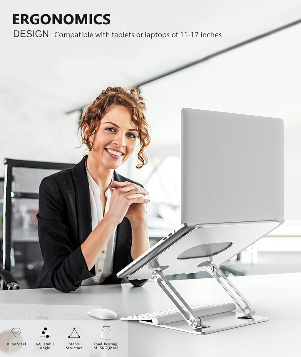 Laptop Stand, Adjustable Multi-Angle Laptop Holder, Compatible for Laptops up to 17 Inches, Sturdy Aluminum & Silicone, Silver